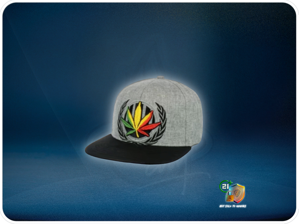 Gorra snapback bordada en gris con diseño de hoja rasta